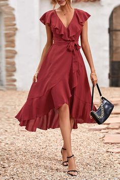 Details: Material: Polyester Style: Casual Pattern Type: Solid Element: Flounce Neckline: V Neck Silhouette: Trumpet Mermaid Sleeve Length: Short Sleeve Dresses Length: Mid Calf Fit Type: Regular Type: Solid Color Size(in) Bust Waist Dresses Length S 34.6 25.6 51.2 M 36.2 26 51.6 L 37.8 26.4 52 XL 39.4 26.8 52.4 Tips:Due to the many variations in monitors. the color in the image could look slightly different. please take physical design and color shall prevail.Please allow 0.4"-1" differs due to Belted Wrap Dress, High Low Maxi Dress, Office Dress, Sleeve Dresses, Dress Elegant, Neck Lace, Mermaid Dresses, Waist Dress, Ruffle Trim