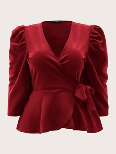 Red Elegant  Three Quarter Length Sleeve Polyester Plain Peplum  Slight Stretch Spring/Fall Plus Size Tops Red Peplum Top Outfit Indian, Chic V-neck Peplum Top For Party, Wrap Top Outfit, Fall Elegant V-neck Peplum Top, Red Fitted Peplum Top, Cheap V-neck Peplum Top For Day Out, Sewing Dresses For Women