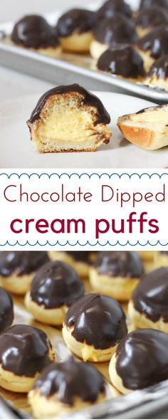 chocolate dipped cream puffs are sitting on a plate