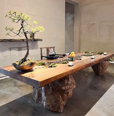 a bonsai tree is displayed on a table in a room with concrete walls and flooring