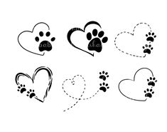 four hearts and paw prints with the word love written on them, all in black ink