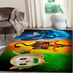 a colorful rug with an image of two cartoon characters on it in front of a chair