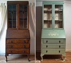 an old desk and hutch are shown in two different photos, one has glass doors