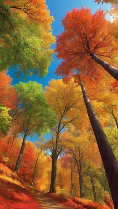 an oil painting of trees in the fall with colorful foliage and blue sky behind them