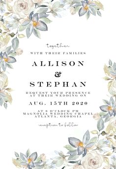 a wedding card with watercolor flowers and leaves