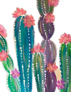 a painting of three cactus plants with pink flowers