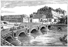 an old black and white drawing of a bridge with people walking across the bridge over water