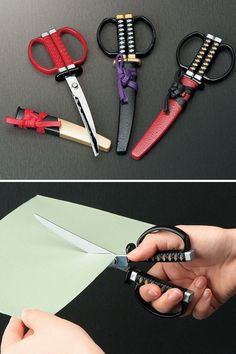 the scissors are being used to cut paper and glue them into small pieces for decoration