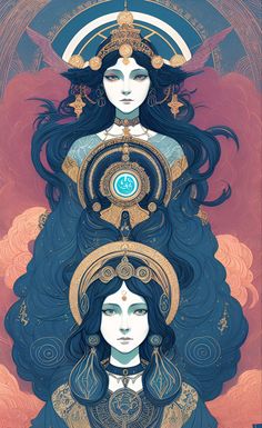 two women with long black hair and blue eyes are depicted in an artistic painting style