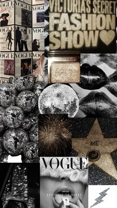 the collage has many different pictures and words on it, including an advertisement for victoria's secret fashion show