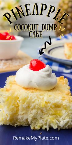 a piece of pineapple coconut dump cake on a blue plate with a cherry in the middle