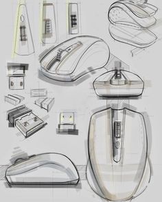 sketches of computer mouses and accessories for the user's perspective, from top to bottom