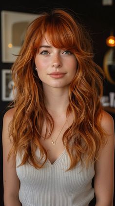 43 Short Shag With Bangs Hairstyles For Every Face Shape Bardot Shag Haircut, Natural Red Hair Medium Length, Med Shag With Bangs, Fall Haircut With Bangs, Long Hair With Bangs Redhead, Cute Haircuts For Redheads, Hair For Your Face Shape, Shag Haircut With Money Piece, Shag Hairstyle With Curtain Bangs