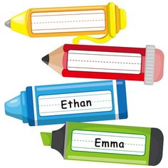 three pencils with name tags on them and two crayons next to each other