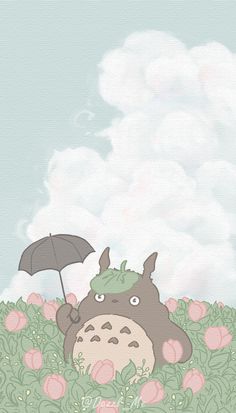 a totoro with an umbrella sitting in the middle of some pink flowers on a cloudy day