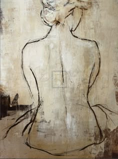 an abstract painting of a woman's back with her hair blowing in the wind