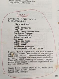 the menu for sweet and sour meatballs