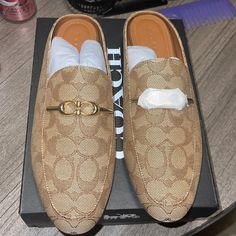 Brand New Coach Never Touch Or Wore Beige Slip-on Mules With Branded Heel, Coach Leather Mules With Round Toe, Coach Slip-on Mules, Casual Coach Slip-on Mules, Coach Slides, Flatform Sandals, Shoes Brand, Shoes Color, Coach Shoes