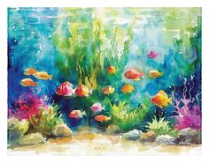 an underwater scene with fish and plants in the foreground, watercolor on paper