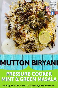 mutton biriyani pressure cooker mint and green masala on a white plate