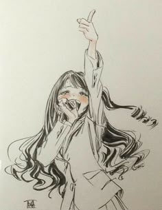 a drawing of a girl with long hair holding her hand up in the air and pointing at something