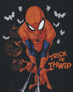 an image of a spiderman trick or treat with bats and pumpkins on it