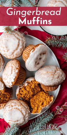 a white plate topped with muffins covered in frosting and sprinkled with cinnamon