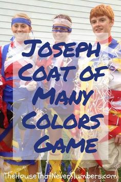 three people in costumes with the words joseph coat of many colors game