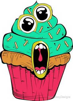 a cartoon cupcake with an open mouth and two large googly eyes on top