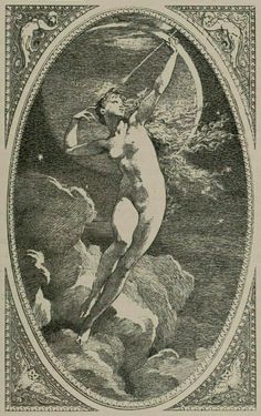 an old drawing of a naked woman holding a bow in her hands and standing on rocks