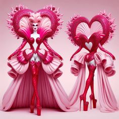 two pink dresses with heart shaped decorations and high heels