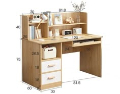 an image of a wooden desk with drawers and shelves on the bottom half of it