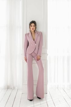 2-piece Womens Blazer Trouser Suit for office, business meetings, formal events and special occasions. Also perfectly combines with sneakers so after a long and tiring business day you can change you heels to sneakers and still look chic. DETAILS - flared pants - slim fit - high rise - blazer is buttoned - lined - side pockets - slim fit - double breasted MATERIAL Premium quality suiting fabric, which consists of viscose mostly and a bit of polyester and elastane SIZES The models in photos are w Pink Pants Suit, Suit Set Women, Office Wear Women, Womens Suits Business, Suiting Fabric, Business Pants, Woman Suit Fashion, Pantsuits For Women, Women Rising