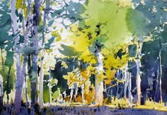 watercolor painting of trees in the woods