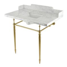 a white marble sink sitting on top of a gold metal frame stand with two legs