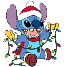 a cartoon character wearing a santa hat and holding christmas lights with the words merry christmas