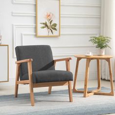 a living room scene with focus on the chair and side table in the foreground