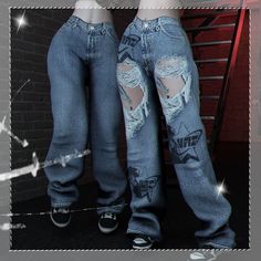 two women with ripped jeans standing next to each other