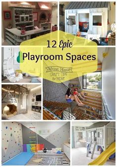 there are many different rooms with slides and climbing equipment in them, including play areas