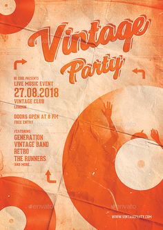 an orange and white poster with the words vintage party written in red, on top of it