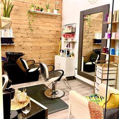 a hair salon with chairs, mirrors and shelves filled with plants on the wall behind them