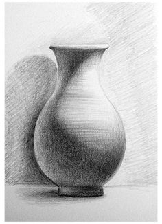 a black and white drawing of a vase on a table next to a penciled wall