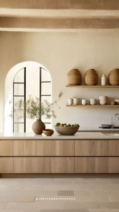 a kitchen filled with lots of counter top space next to a wall mounted potted plant