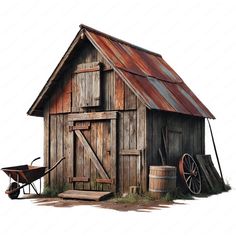 an old wooden barn with a wheelbarrow next to it