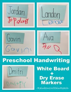 four different types of handwriting on paper with the words preschool handwriting and white board dry erase markers