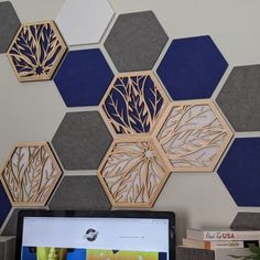 THIS ITEM DOES NOT INCLUDE A FELT ACOUSTIC TILE. You can find the hexagonal tiles here:12 Blue Acoust-Hex Tilesor here:12 Black Acoust-HexAdd depth... Hexagon Wall Tile, Hexagon Wall Tiles, Quilt Design Wall, Wood Hexagon, Sound Panel, Wood Slat Wall, Wall Panel Design, Acoustic Wall Panels, Moss Wall