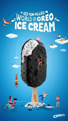 an ice cream poster with people riding bicycles