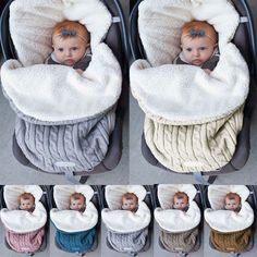 a baby in a car seat with blankets on it's sides and six photos of the same child