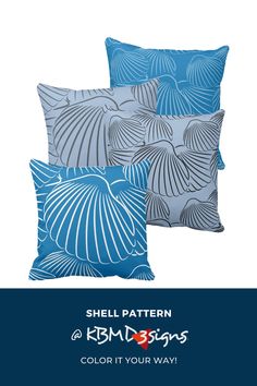 three blue and gray pillows with shells on them, one in the middle is for shell pattern