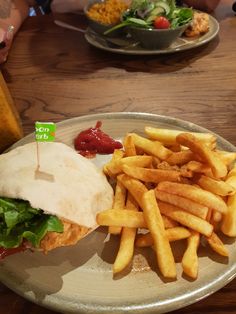 a sandwich and french fries on a plate with ketchup, lettuce and mayonnaise